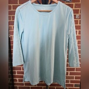 LANDS END 3/4 Sleeve Cotton Slub Ladder LACE Women's AQUA Blue Tunic Shirt M